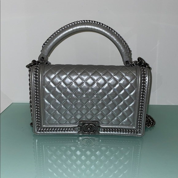 CHANEL Caviar Quilted Boy Flap in Metallic Silver
